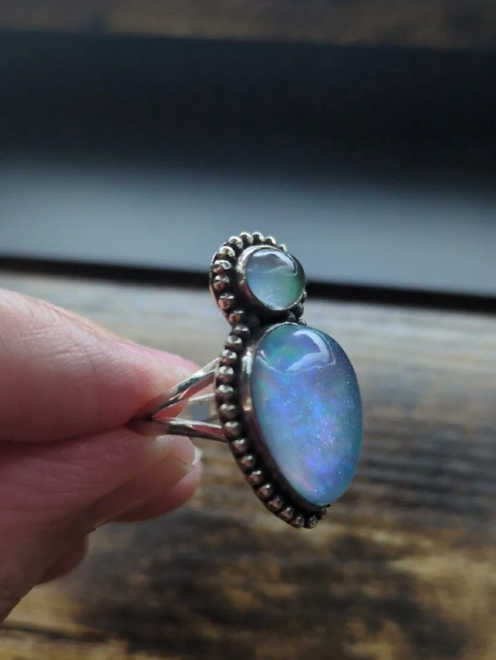 Opal Teardrop Double Stone Sterling-Style Ring in Iridescent Blue-Green